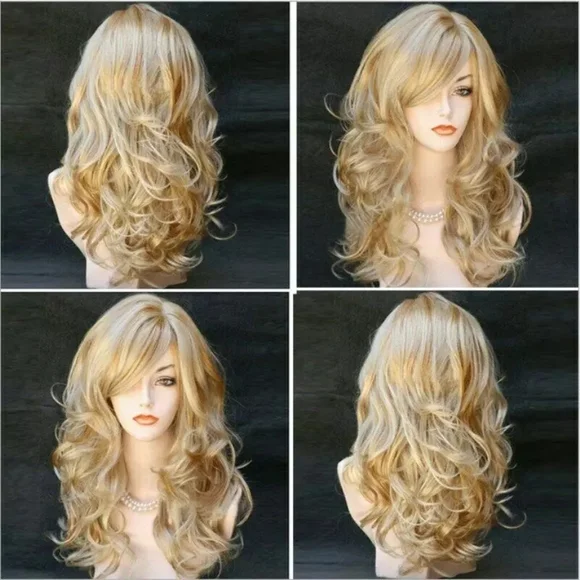 Long Natural Wavy Ombre Brown Blonde Wigs with Bangs for Women Daily Use Hair US